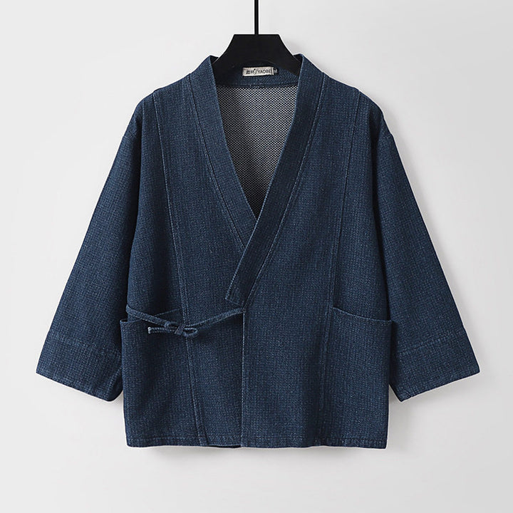 Unisex Jeans-Kimono-Jacke mit Bindegürtel und aufgesetzten Taschen Echoarchiv