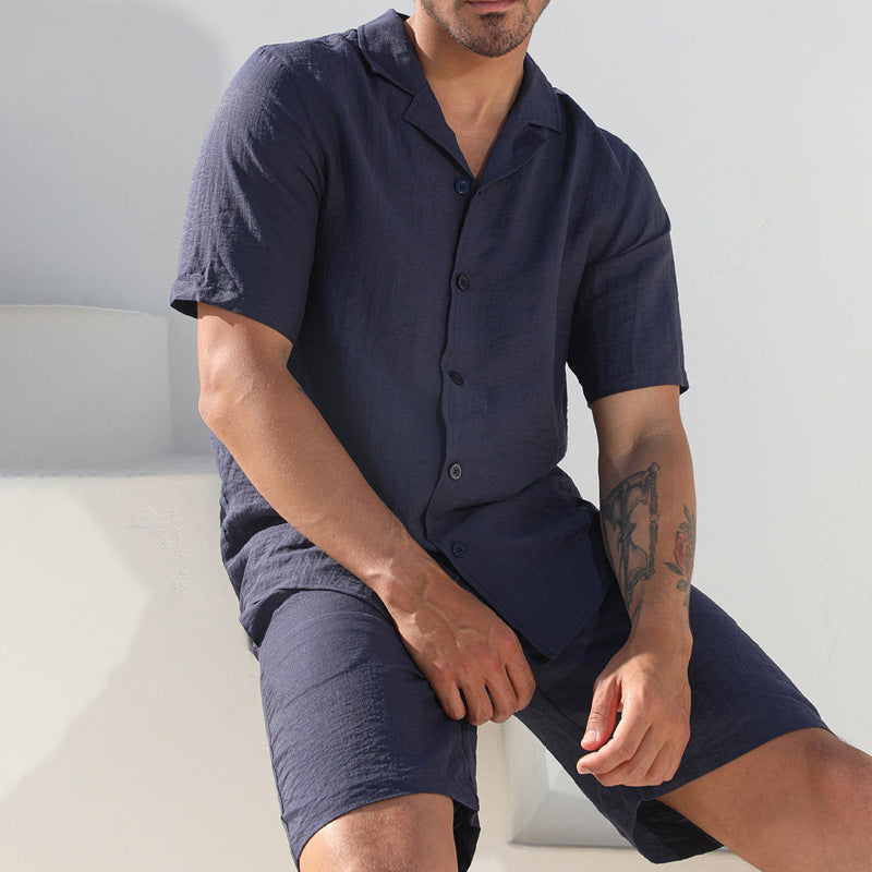 Herren lässiges Leinen-Jumpsuit mit kurzen Ärmeln und praktischer Knopfleiste Echoarchiv