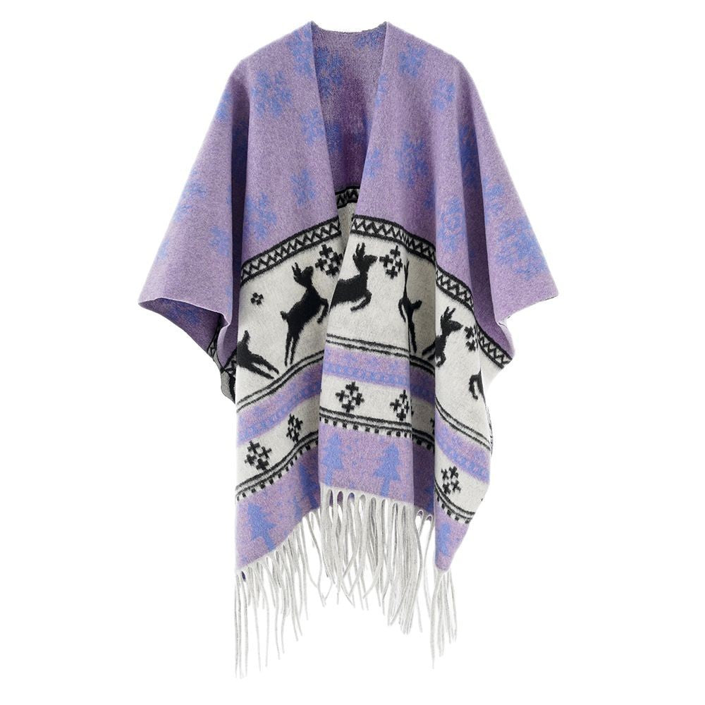 Damen Oversize-Poncho mit Norweger-Motiv und Fransen aus Wollmix Echo Archiv