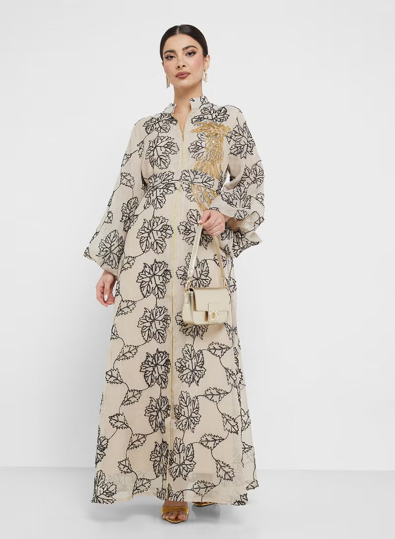 Damen Besticktes Maxikleid im Kaftan-Stil mit Reißverschluss, Taillengürtel und Ballonärmeln – Valéora