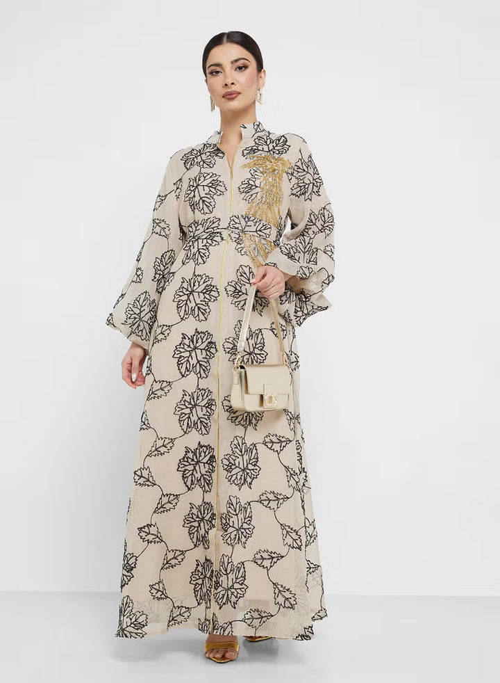 Damen Besticktes Maxikleid im Kaftan-Stil mit Reißverschluss, Taillengürtel und Ballonärmeln – Valéora