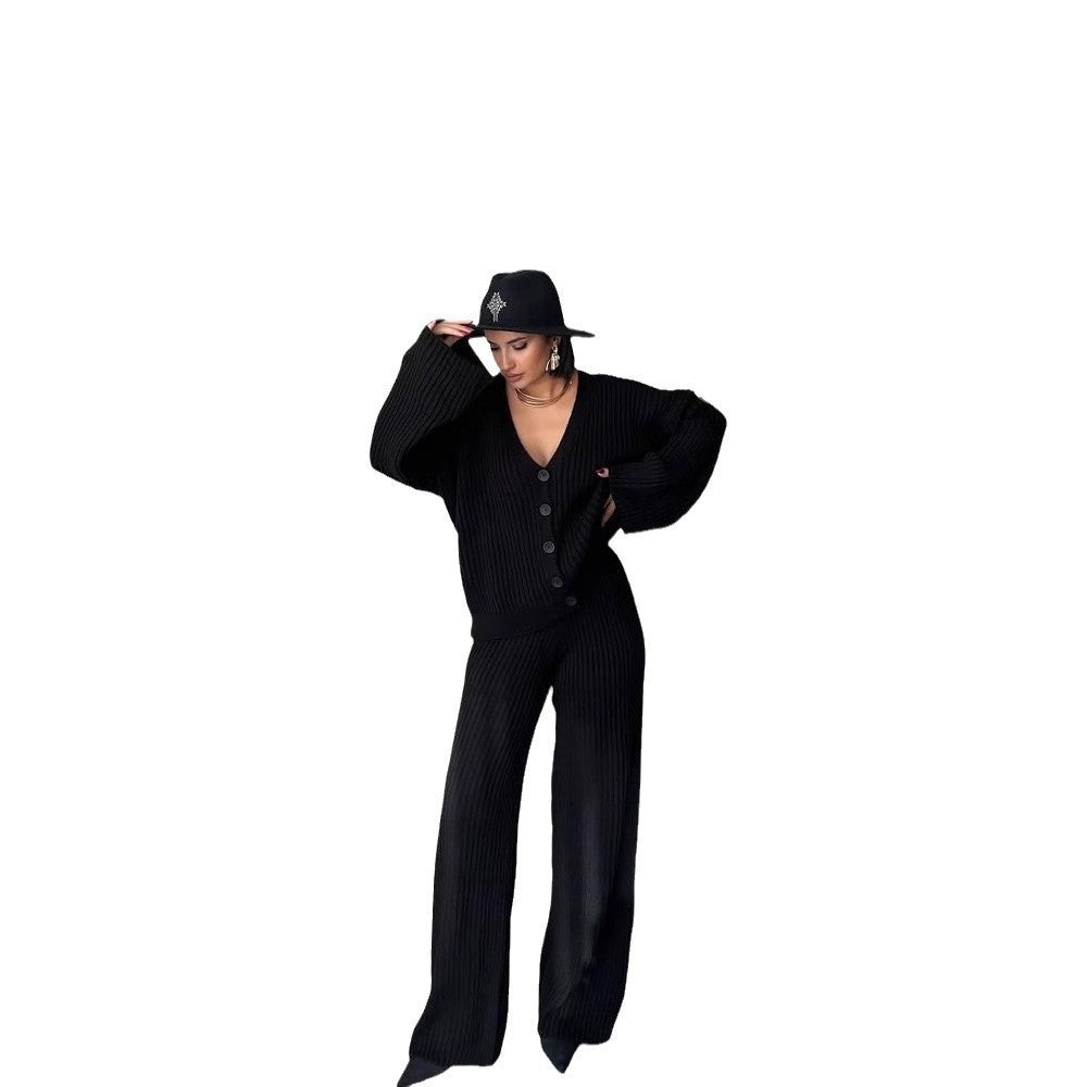 Damen Gerippter Strick‑Zweiteiler mit Oversized‑Cardigan und High‑Waist‑Sweathose – Élanora