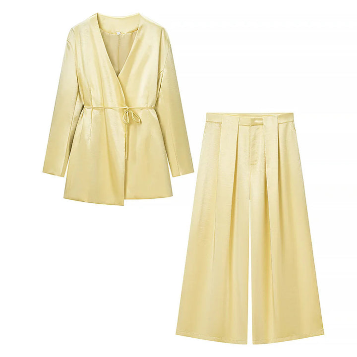 Damen elegantes Zweiteiler-Set mit Wickelblazer, taillierendem Bindegürtel und weitem Palazzohose – Valéne