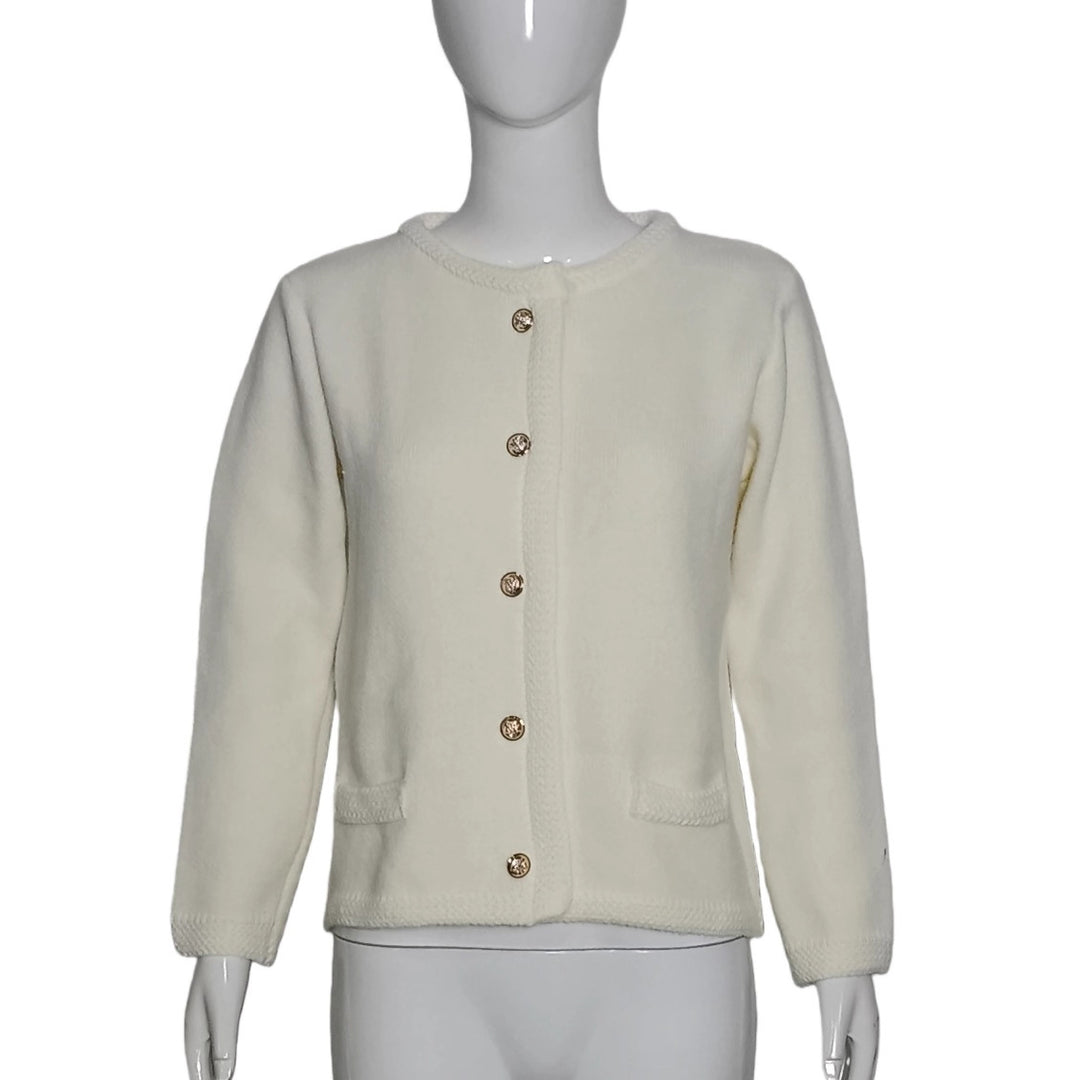 Damen Elegante Strickjacke mit Rundhals, Zierknöpfen und aufgesetzten Taschen – Veloura