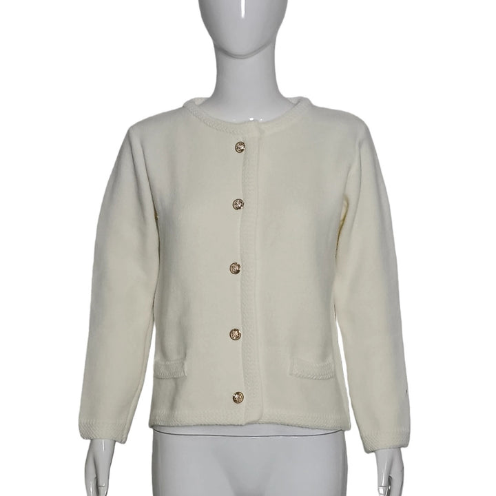 Damen Elegante Strickjacke mit Rundhals, Zierknöpfen und aufgesetzten Taschen – Veloura
