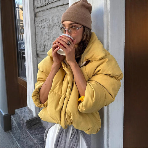 Damen Kurze wattierte Cropped-Pufferjacke mit voluminösen Ballonärmeln Echoarchiv