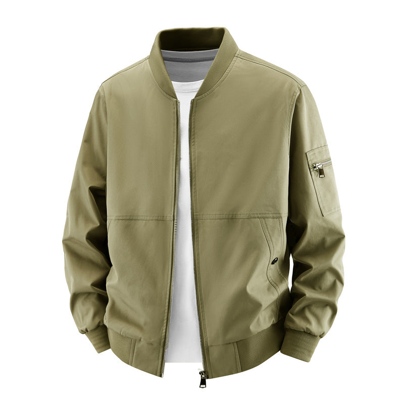 Men's minimalist zip-front bomber jacket with concealed welt pockets and sleeve utility pocket – Brevano