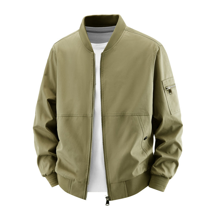 Men's minimalist zip-front bomber jacket with concealed welt pockets and sleeve utility pocket – Brevano