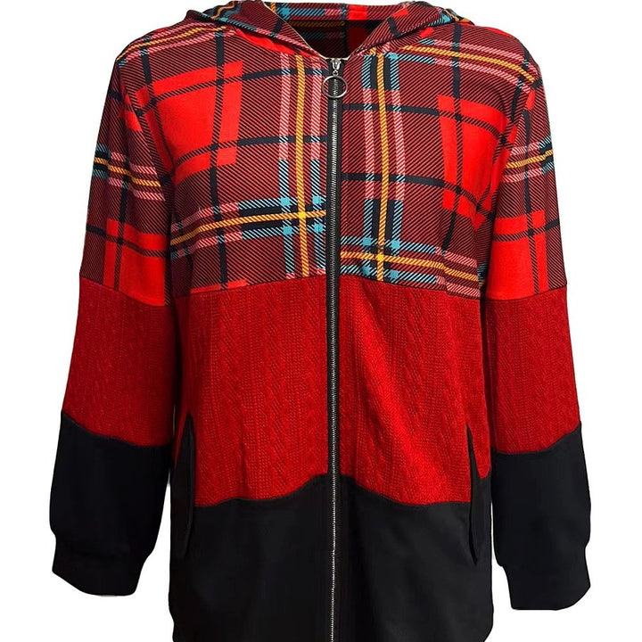 Damen nan lange Kapuzenjacke im Patchwork-Stil mit Karo‑ und Strickeinsätzen, Frontreißverschluss und Eingrifftaschen Echo Archiv