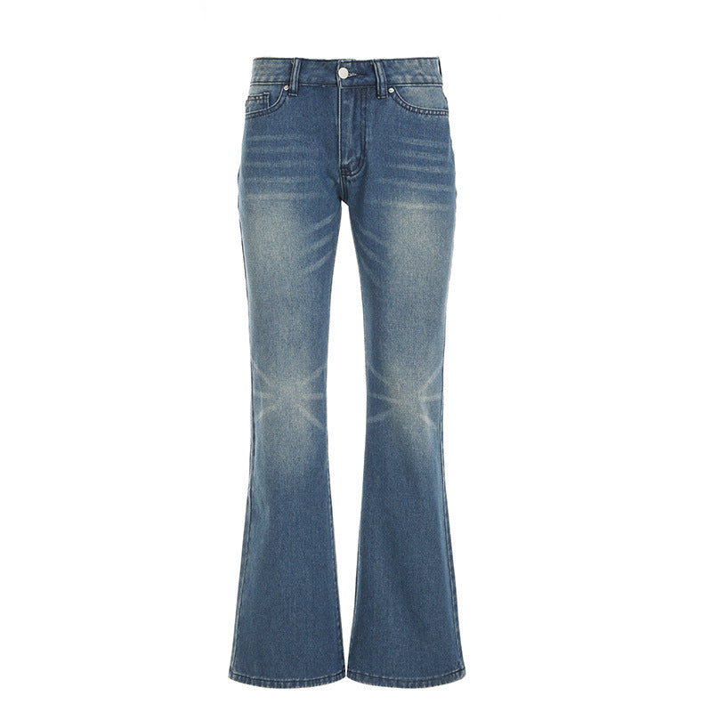 Damen hochtaillierte Schlagjeans mit dezenter Used-Waschung und ausgestelltem Bein – Dénora