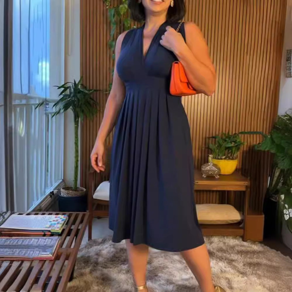 Damen nan ärmelloses V-Ausschnitt-Midikleid mit Unterbrustnaht und schmeichelndem Faltenrock Echo Archiv