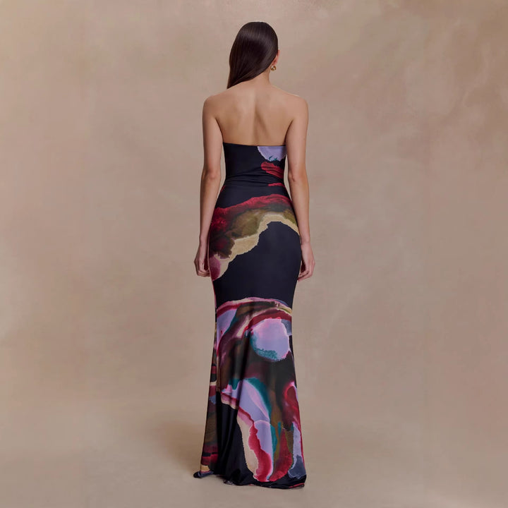 Damen Strapless Maxikleid mit fließendem Stoff und kunstvollem Druck Echo Archiv