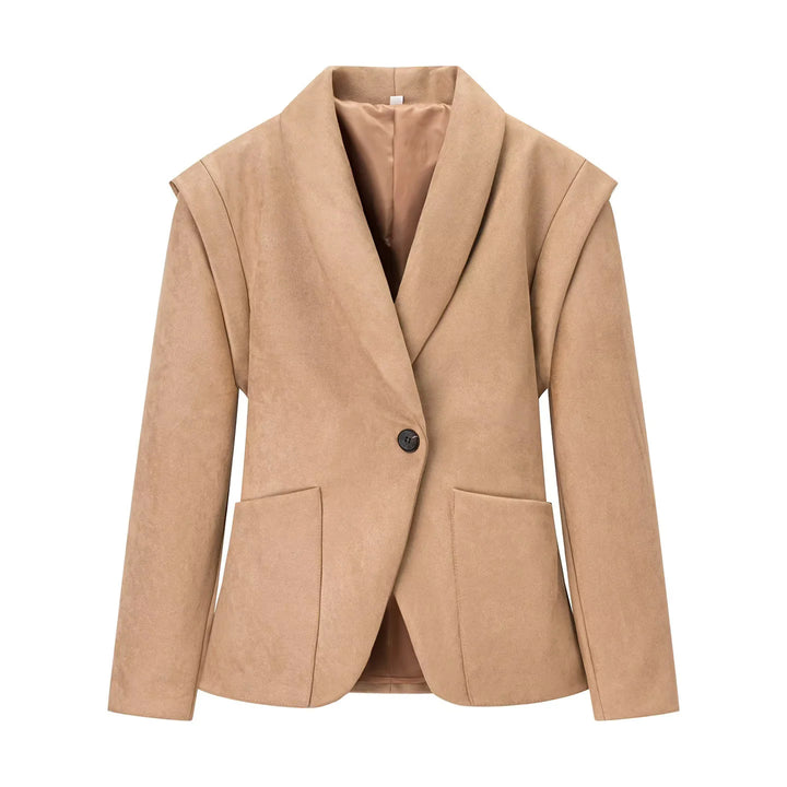 Damen nan eleganter Velours‑Optik Blazer mit tiefem Schalkragen Ein‑Knopf‑Verschluss und großen aufgesetzten Taschen Echo Archiv