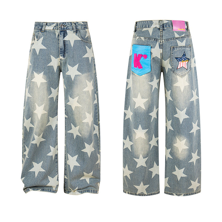 Damen Weite Hochbund-Culotte-Jeans mit hoher Taille und Allover-Sterneprint Echoarchiv