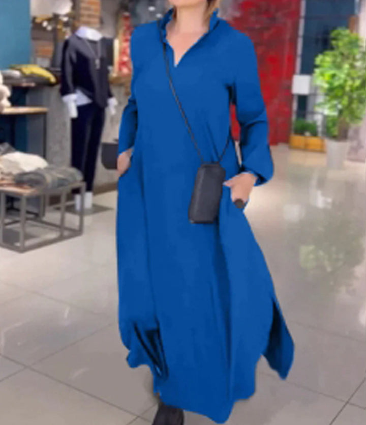 Damen Lange Maxi Kleid mit Stehkragen, Seitentaschen und Lockerem Fall Echoarchiv