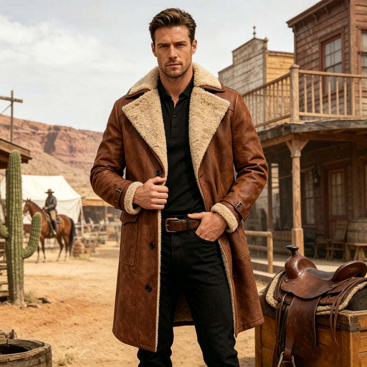 Herren nan langer vintage Biker-Ledermantel mit durchgehendem Sherpa-Futter, Pattentaschen und verstellbaren Schnallenmanschetten Echo Archiv