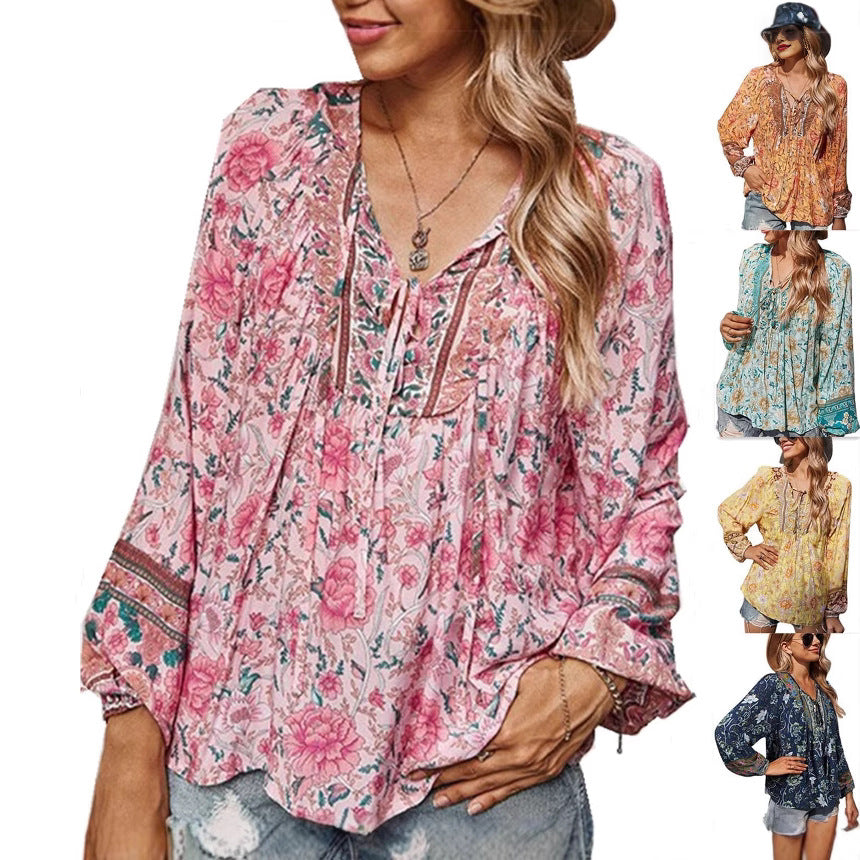 Damen Boho-Bluse mit floralem Print, V‑Ausschnitt mit Bindeband und Plissée-Details Echo Archiv