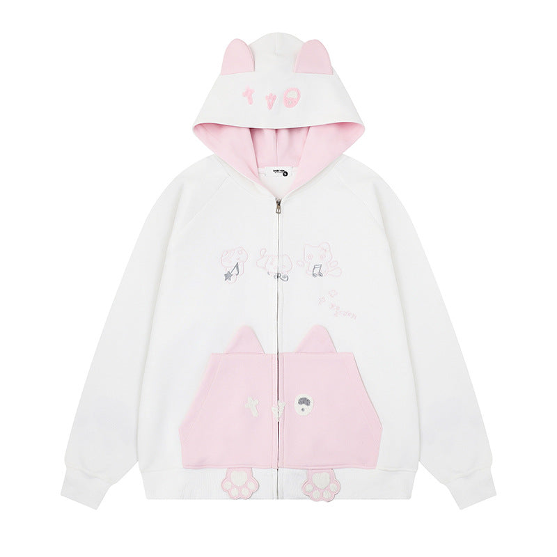 Damen Kapuzen-Sweatjacke mit Ohren, durchgehendem Reißverschluss, Kängurutasche mit Pfoten‑Applikation und verspielten Stickereien Echoarchiv