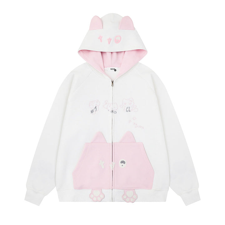 Damen Kapuzen-Sweatjacke mit Ohren, durchgehendem Reißverschluss, Kängurutasche mit Pfoten‑Applikation und verspielten Stickereien Echoarchiv