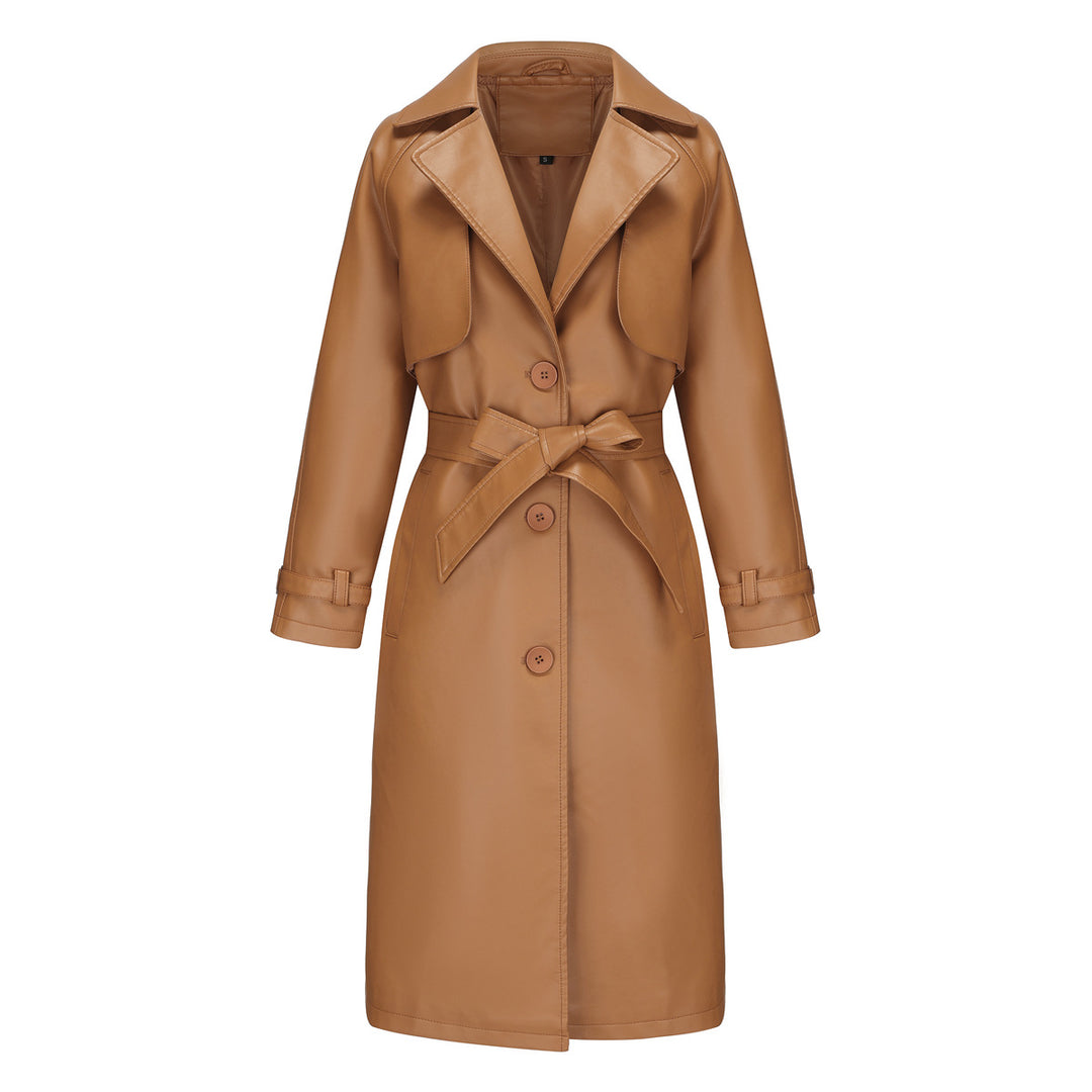 Damen nan langer taillierter Kunstleder-Trenchcoat mit Bindegürtel Echo Archiv