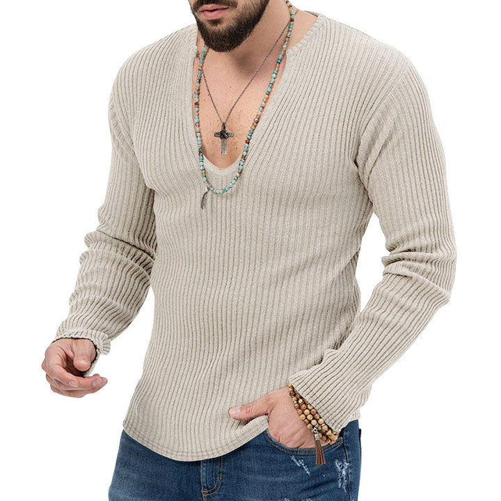 Herren Langarm-Rippenpullover mit tiefem V-Ausschnitt und modernem Schnitt Echoarchiv