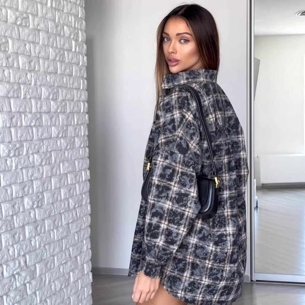 Damen Oversized Karierte Shacket-Hemdjacke mit Druckknopfverschluss und abgerundetem Saum Echoarchiv