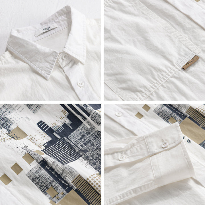 Herren Leichtes Baumwoll-Canvas-Overshirt mit abstraktem Frontprint und Doppelbrusttasche Echoarchiv