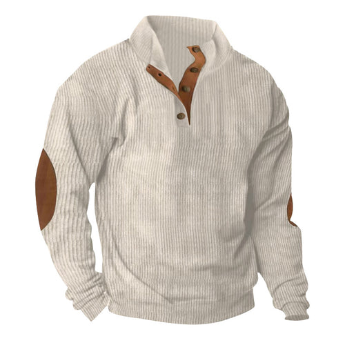 Herren hochwertiger Pullover mit Knopfleiste und modischen Lederapplikationen Echoarchiv