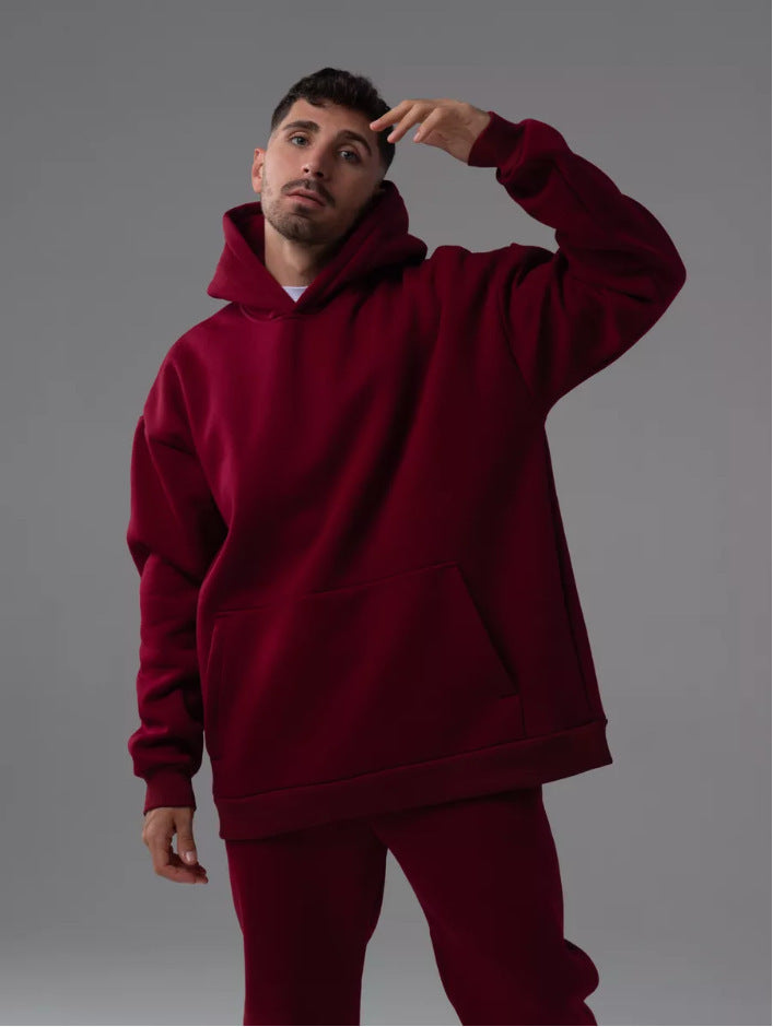 Herren schwerer Fleece-Boxy-Hoodie mit tiefem Schulterfall verstärkter Kapuze und Kängurutasche – Cavarno