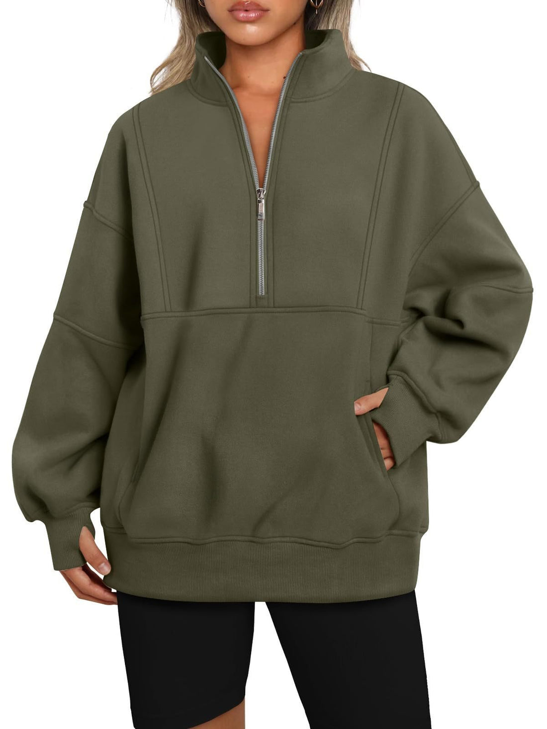 Damen Oversize-Sweatshirt mit halbem Reißverschluss, Stehkragen und Kängurutasche Echo Archiv