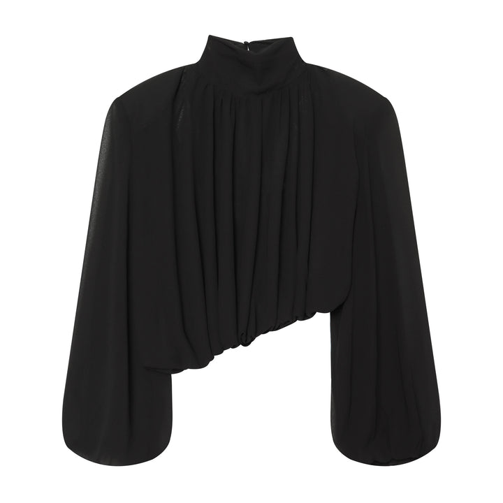 Damen Elegante Cropped Bluse mit hohem Stehkragen, Plissée-Falten und Ballonärmeln Echo Archiv