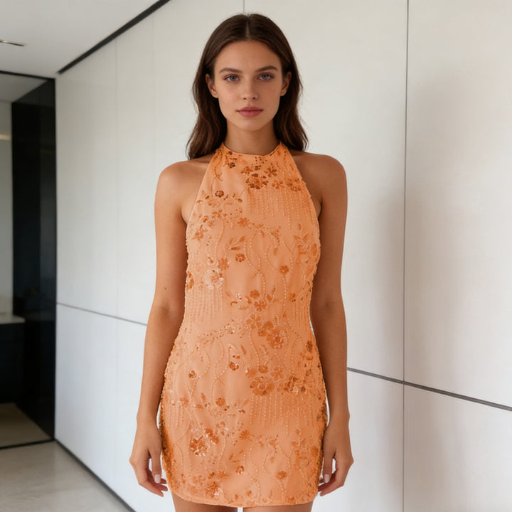 Damen Hochgeschlossenes Pailletten-Minikleid mit floralen Akzenten Echo Archiv