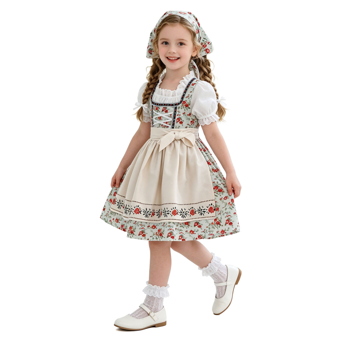 Damen nan traditionelles Kinderdirndl-Set mit Schnürkorsett, Puffärmeln und Kopftuch Echo Archiv
