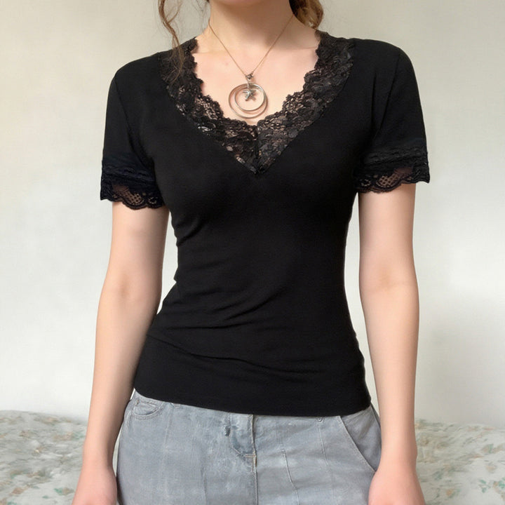 Damen Elegantes Spitzen-T-Shirt mit V-Ausschnitt und Kurzarm Echo Archiv