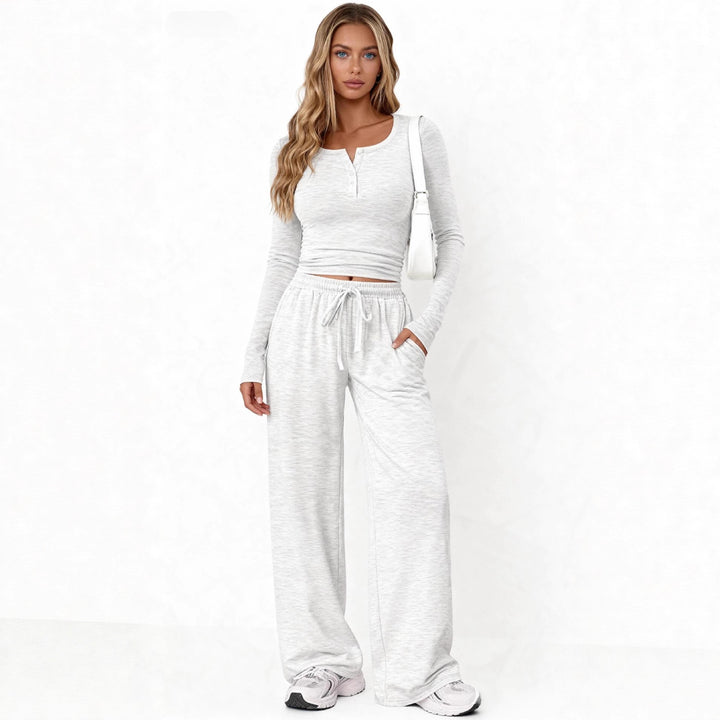 Damen Lounge-Set aus Feinstrick mit Henley-Oberteil und weiten Palazzo-Hosen – Élanora