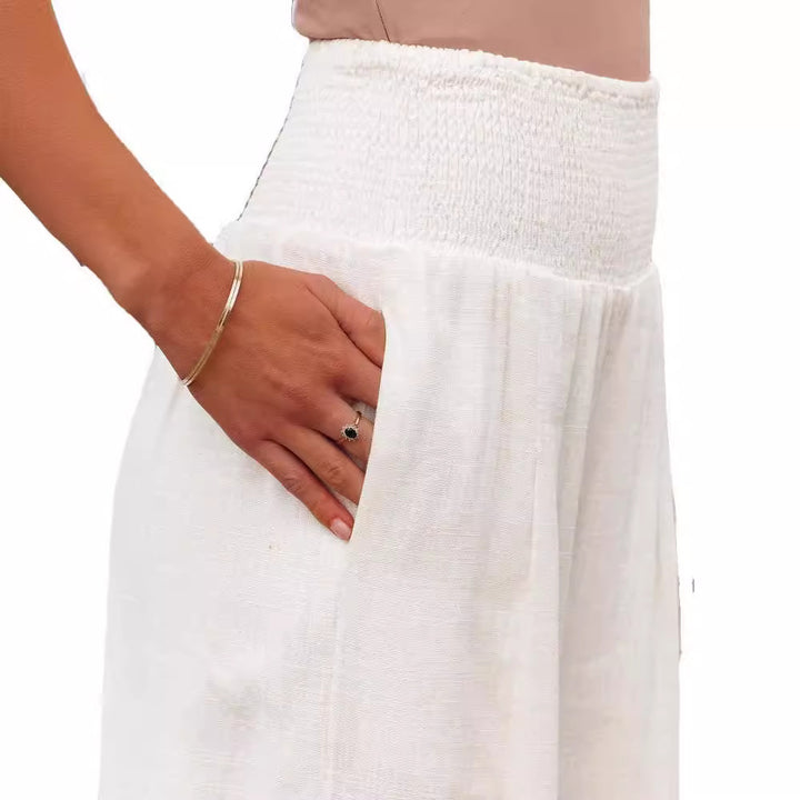 Frauen Weite Bein Smocked Hohe Taille Leinenmischung Hosen – Avélisse