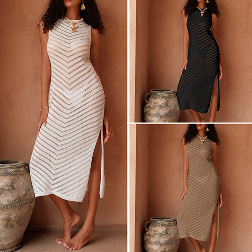 Damen Elegantes Strick-Maxikleid mit asymmetrischem Saum und seitlichem Schlitz Echo Archiv