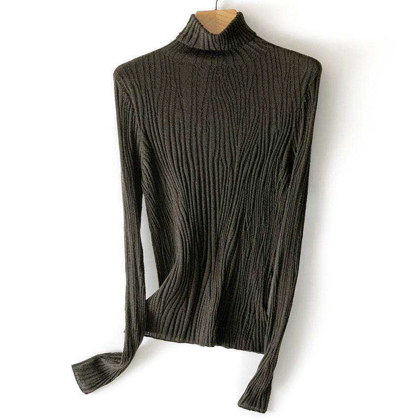 Damen Schlanker Feinstrick-Rollkragenpullover mit wellenförmiger Rippstruktur Echoarchiv