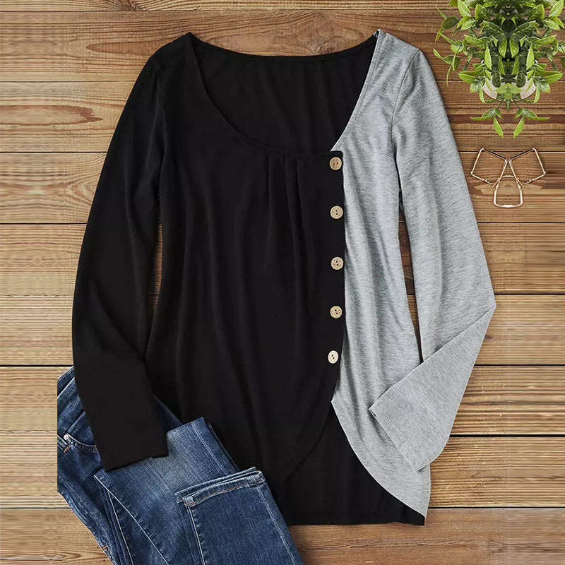 Damen Langarmshirt mit asymmetrischem Saum, Zweifarbiger Optik und Zierknopfleiste – Avérine