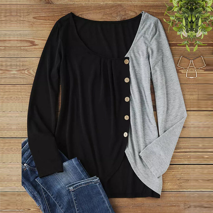 Damen Langarmshirt mit asymmetrischem Saum, Zweifarbiger Optik und Zierknopfleiste – Avérine