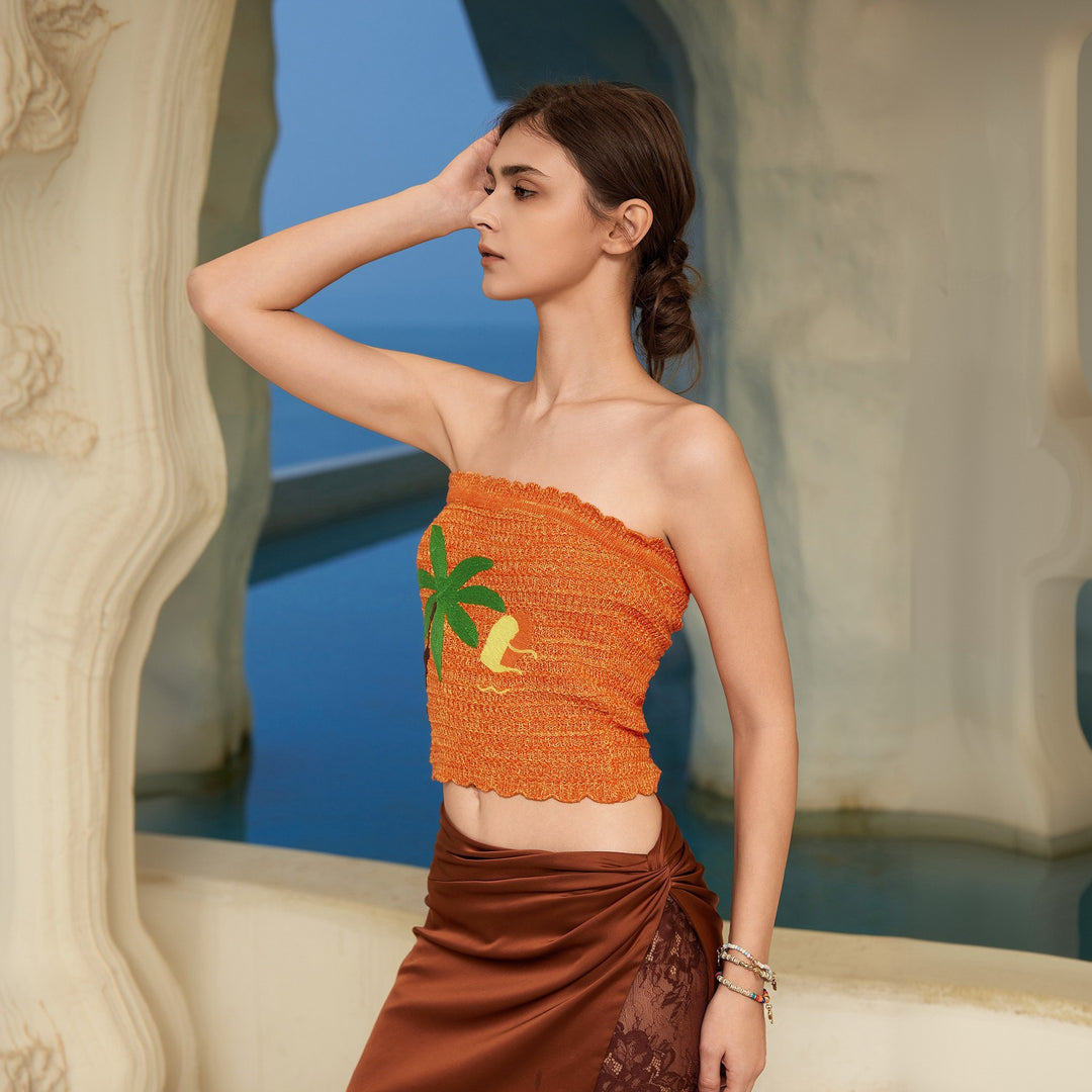 Damen bauchfreies Stricktop mit tropischem Motiv Echo Archiv