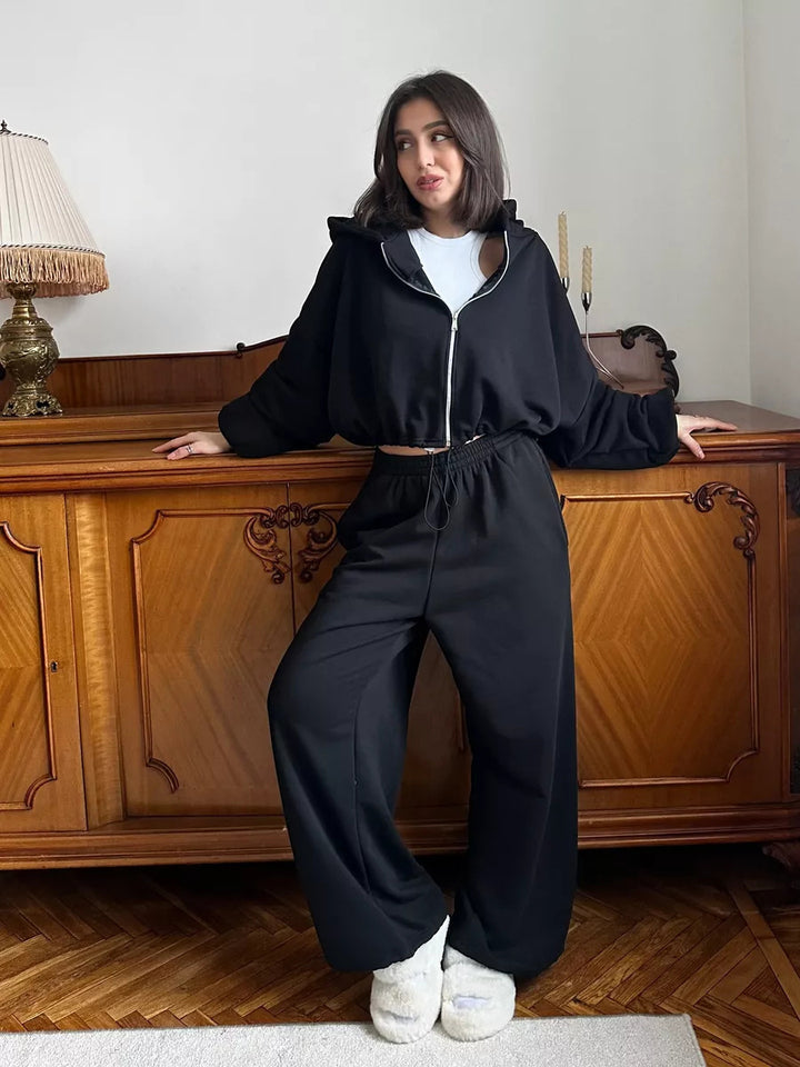 Damen nan cropped Reißverschluss-Hoodie mit Tunnelzugsaum und weitem Sweatpants-Schnitt Echo Archiv