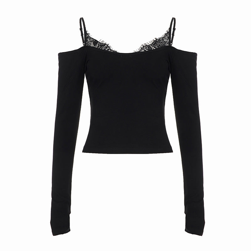 Damen Schulterfreies Langarm-Cami mit zarter Spitzen-Innenschicht und verstellbaren Spaghettiträgern – Avérine