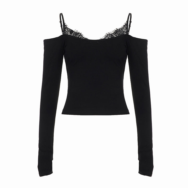 Damen Schulterfreies Langarm-Cami mit zarter Spitzen-Innenschicht und verstellbaren Spaghettiträgern – Avérine