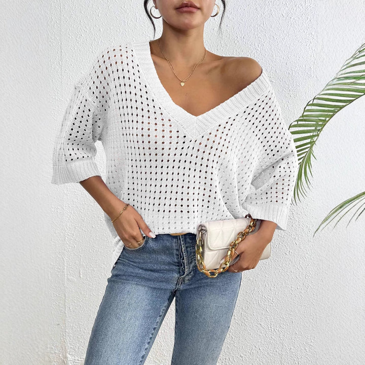 Damen luftiger Strickpullover mit V-Ausschnitt und dekorativem Lochmuster Echo Archiv