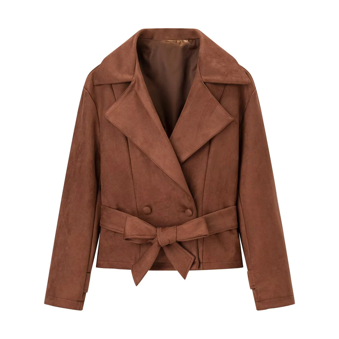 Damen taillierte Cropped-Wildlederoptik Jacke mit Schalkragen und Bindegürtel – Célinea