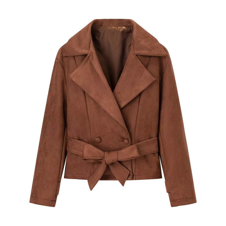 Damen nan taillierte Cropped-Wildlederoptik Jacke mit Schalkragen und Bindegürtel Echo Archiv