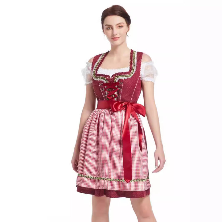 Damen  traditionelles kurz geschnittenes Dirndl mit herzförmigem Ausschnitt, dekorativer Schnürung und Vichy-Karo Schürze Echo Archiv
