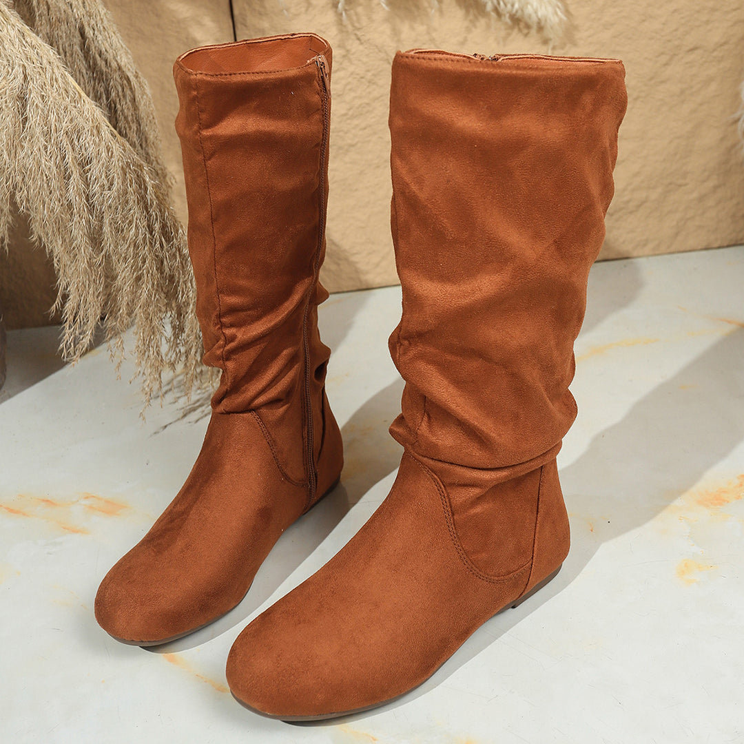 Damen Kniehohe Slouch-Stiefel aus Veloursimitat mit Innenseiten-Reißverschluss und flacher Komfortsohle Echo Archiv