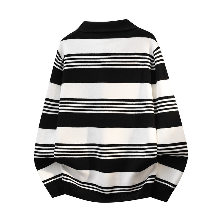 Damen Oversize Langarm-Polo-Strickpullover mit Retro-Streifen und Brustknopfleiste Echoarchiv